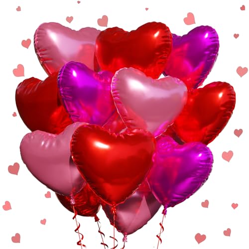 18 Inch Heart Foil Balloons - 15 Pcs Pink & Red for Parties