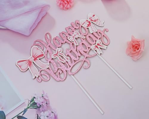 Vintage Satin Ribbon Bow Cake Toppers Set with Happy Birthday Sign