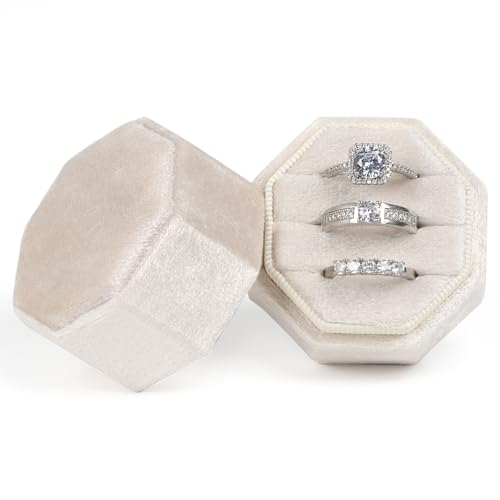 Cream Velvet Octagon Ring Box - 3 Slot Jewelry Holder for Wedding Proposal