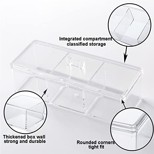 Clear Acrylic Qtip Holder with Lid - 3 Compartment Cotton Ball Dispenser