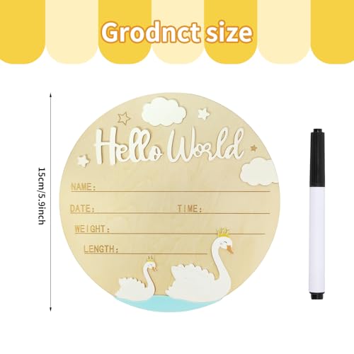 Wooden Baby Birth Announcement Sign with Swan Design - 5.9 Inch