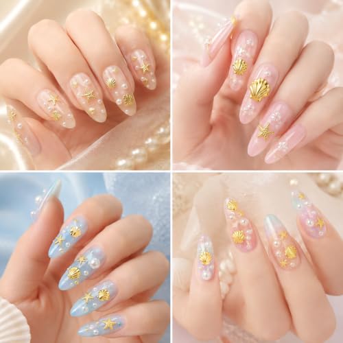 Macuezu 100 Pcs 3D Starfish & Seashell Nail Charms Flat Back Gold