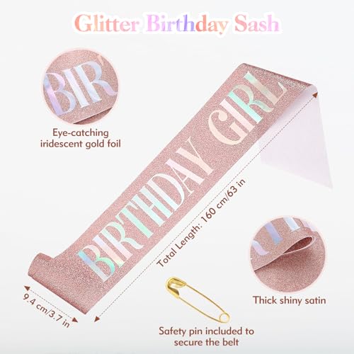 Lorzot Rose Gold Birthday Girl Sash and Rhinestone Tiara Crown Set
