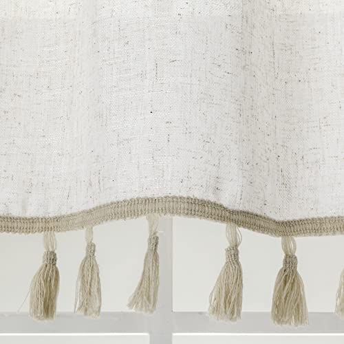 Easy Home Boho Tassel Window Valance Faux Linen Sheer Curtain Beige