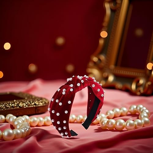 Red Knotted Headband with Pearls and Gold Accents