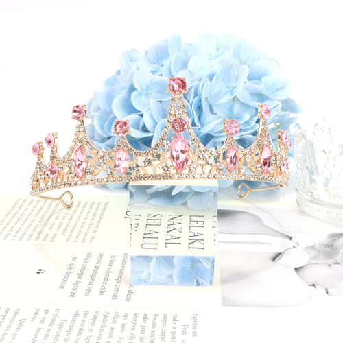 Aprince Pink Crown Crystal Tiara for Women Birthday Party Prom Bridal