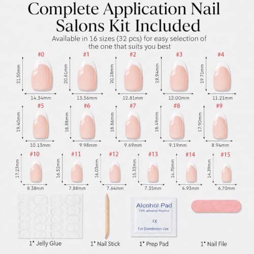 AzureBeauty White French Tip Short Almond Press On Nails, 32 Pcs