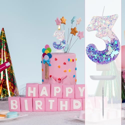 Purple Butterfly Glitter Number 3 Candle, 2.87 Inch Birthday Cake Topper