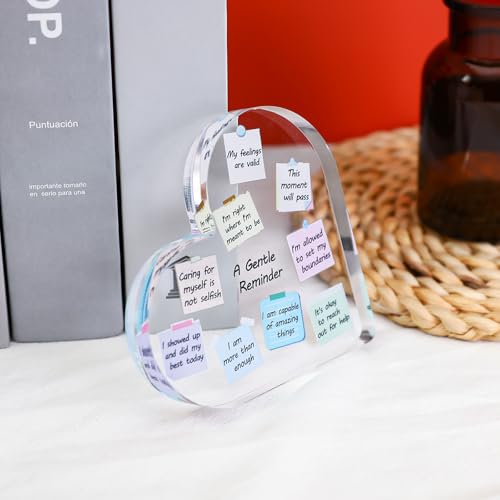 Feeldeal 3.9 Inch Heart-Shaped Inspirational Acrylic Desk Decor with Affirmations - Small Office Decor Gift for Women