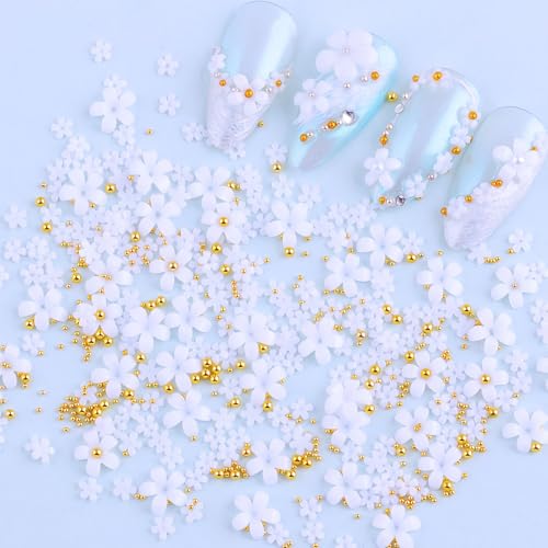 BitsyRizz 3D White Flower Nail Art Charms with Gold Steel Beads for DIY Manicure