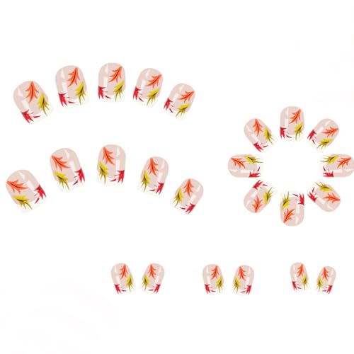 Fall Press On Nails Short Square Maple Leaf Glossy False Nails