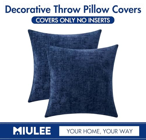 MIULEE Soft Chenille Throw Pillow Covers, Navy Blue 18x18 Inch, Set of 2