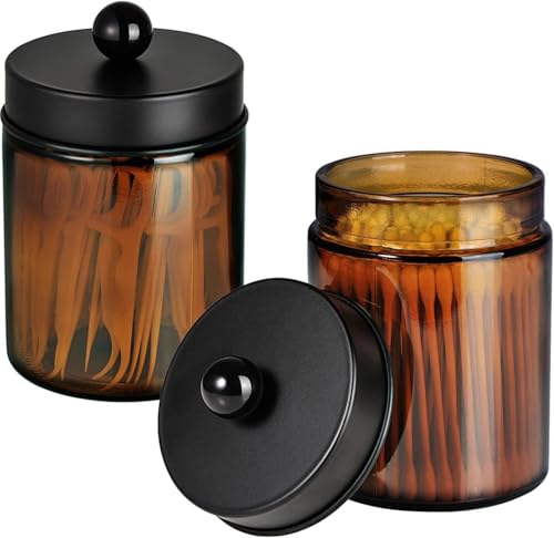 Amolliar Amber Glass Apothecary Jars, 8oz Bathroom Vanity Organizer - 2 Pack Black