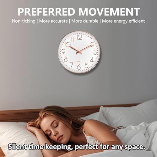 Rose Gold Silent Wall Clock 8 Inch - Non-Ticking Analog Design