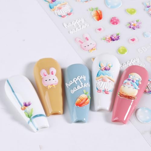 5D Embossed Easter Rabbit Nail Art Stickers Decals - 5 Sheets