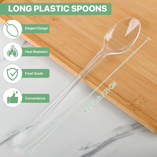 Heavy Duty Clear Plastic Spoons - Long Handle, 36 Pack for Desserts & Beverages