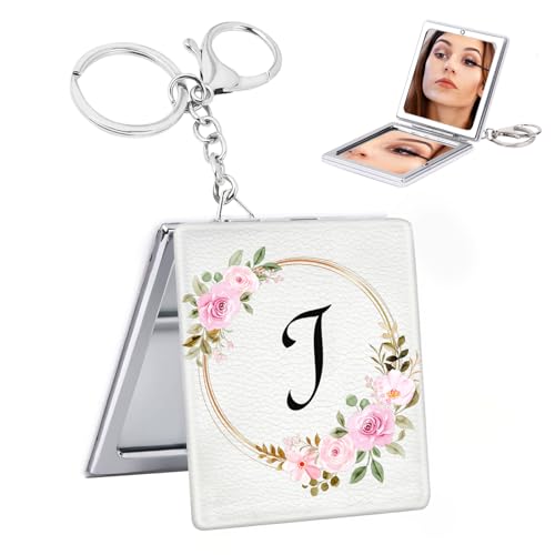 Personalized Compact Mirror with Keychain - Initial J - Travel Makeup Mirror for Teen Girls