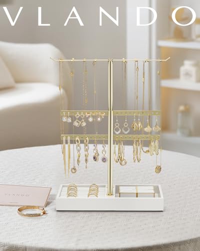 VLANDO 2-Tier Jewelry Organizer Stand - Leather & Gold Display for Necklaces, Earrings, Bracelets, and Rings
