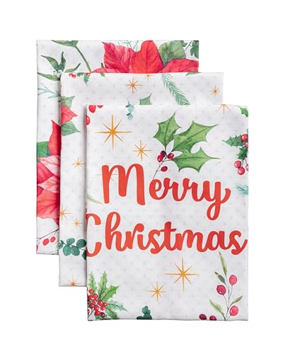 Poinsettia Christmas Kitchen Towels Set of 3 - Watercolor Holiday Decor