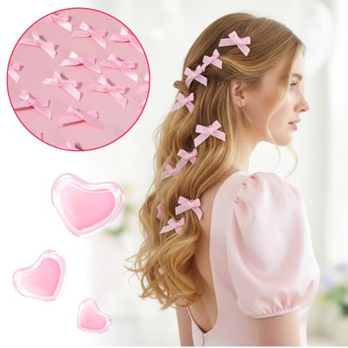 20 PCS Mini Pink Hair Bows, Satin Bow Hair Clips with Storage Box