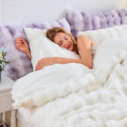 King Size Faux Rabbit Fur Comforter Cover Set Cream White Plush Bedding