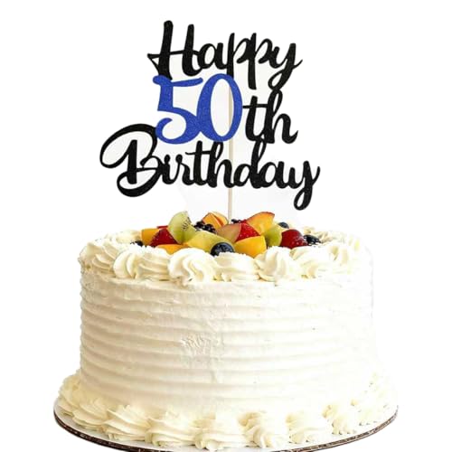 50th Birthday Cake Topper - Black & Blue Glitter Decoration