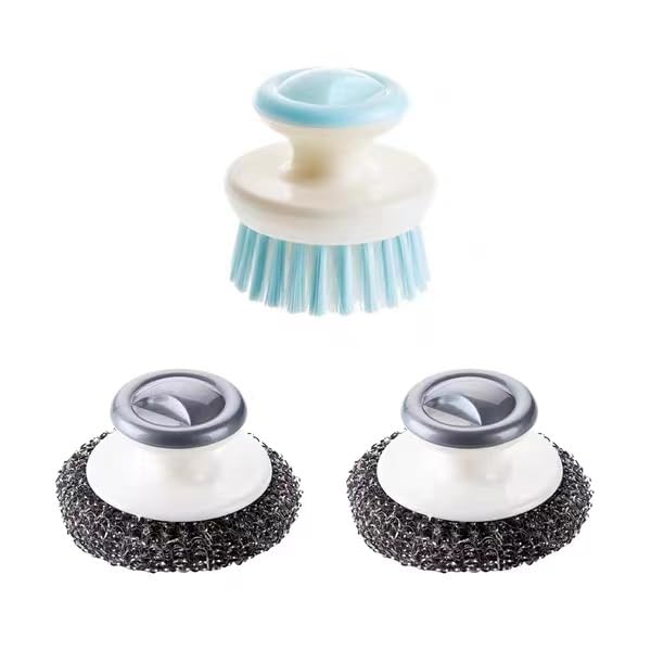 Heavy Duty Stainless Steel Wool Scrubber & Dish Brush Set (1+2)