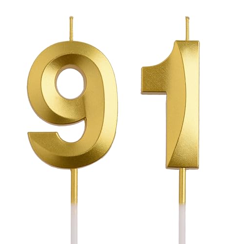 Gold Number 91 Birthday Candle - Elegant 3D Cake Topper Decor
