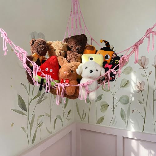 Ribbonlic Pink Bow Stuffed Animal Hammock - Boho Corner Plushie Organizer