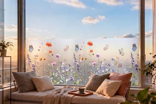 TAMHOO Butterfly Floral Frosted Window Privacy Film 78x17 Inches Removable Static Cling