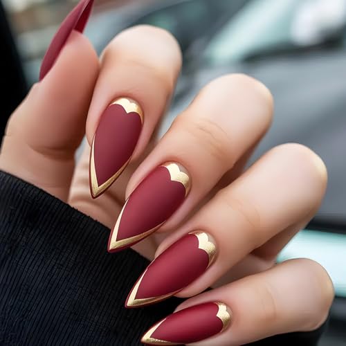 Red Press on Nails Medium Almond Fake Nails with Gold Heart Design