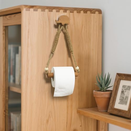 Rustic Elephant Shape Toilet Paper Holder - 6.3 x 11.8 Inch, Wood & Rope
