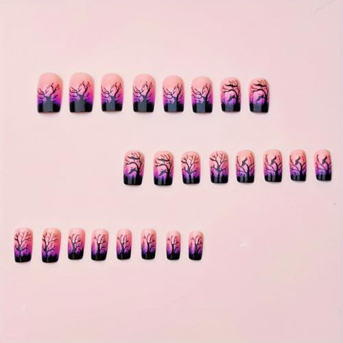 Halloween Press on Nails Medium Square Fake Nails Withered Tree 24 Pcs