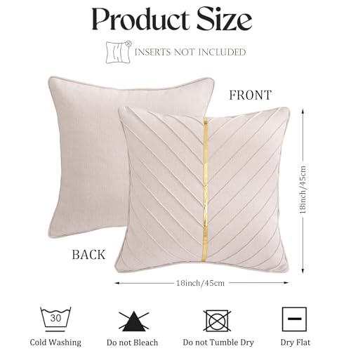 LUOYEHK Beige Linen Throw Pillow Covers Set of 2 18x18 Inch Modern Luxury Cushion Covers with Gold Leather Accent