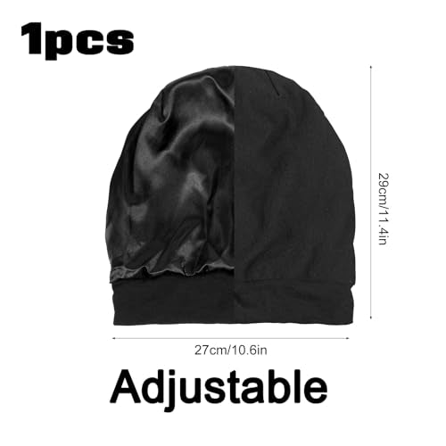 Black Satin Lined Hair Bonnet for Sleeping with Adjustable Strap
