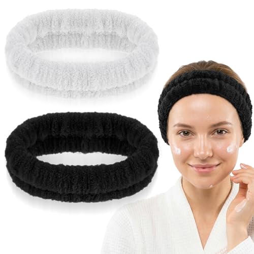 Spa Headbands for Face Washing - 2Pcs Soft Flannel Absorbent Elastic Skincare Headband for Women and Men (Black, White)