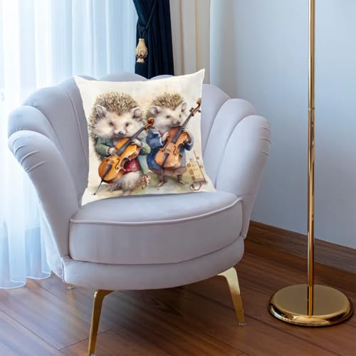 Musical Hedgehogs Throw Pillow Cover - 18x18 Inch Decorative Case