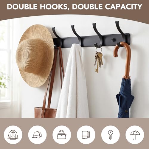 Dntorx Black Wall Mount Coat Rack 2 Pack with 5 Double Hooks - Easy Install