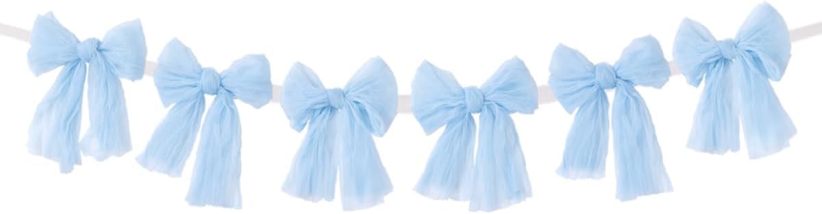 MLMC Baby Blue Bow Garland - Handmade Cheesecloth Wreath for Baby Shower & Birthday Decor