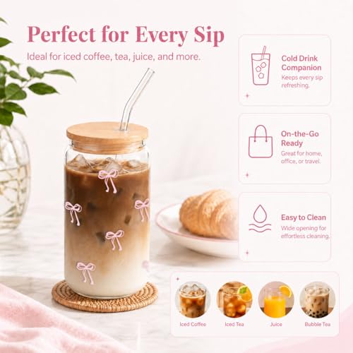 Mikopei Pink Bow Glass Cup with Lid & Straw - 16 oz Iced Coffee Tumbler