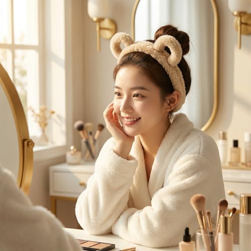 Furry Plush Bear Ears Headband 2pcs - Cozy Skincare & Makeup Hair Band