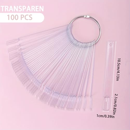 Clear Nail Swatch Sticks 100 Pcs Fan-Shaped Polish Display with Ring