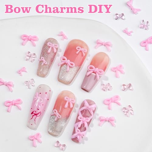 Pink Bow Nail Charms Kit - 3D Resin Kawaii Bowknot Gems with Tweezers and Brush