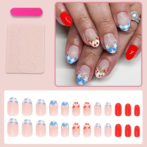 4th of July Press on Nails Medium Almond Blue French Tip Fake Nails