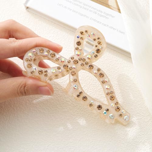 AWAYTR Rhinestone Bow Hair Claw Clip 4.3 Inch for Thick Hair