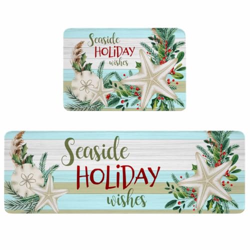 Christmas Coastal Kitchen Rugs 2-Piece Set Non-Slip Absorbent Mats - 16x24 & 16x47 Variation of THIS listing