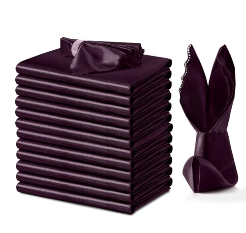 12 Pack Eggplant Purple Satin Napkins 12x12 Inch - Scalloped Edges