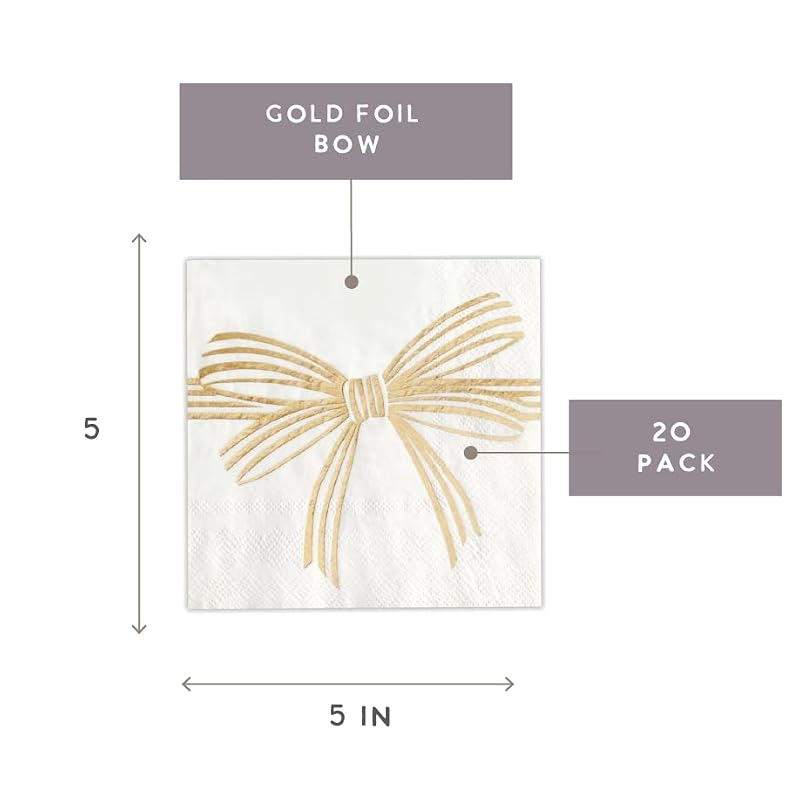 Gold Bow Cocktail Napkins - 20-Count Disposable Beverage Napkins