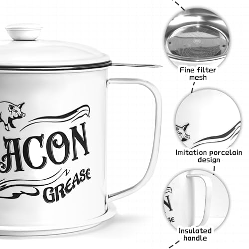 QMET 1.3L Bacon Grease Container with Fine Mesh Strainer - White