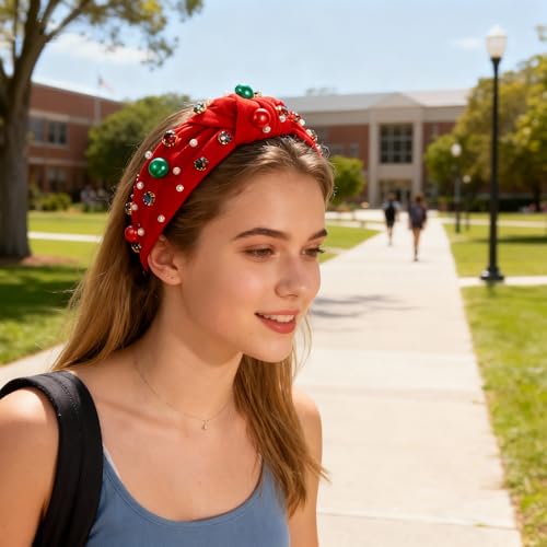 Tisbonsy Christmas Pearl Rhinestone Wide Knot Headband in Red